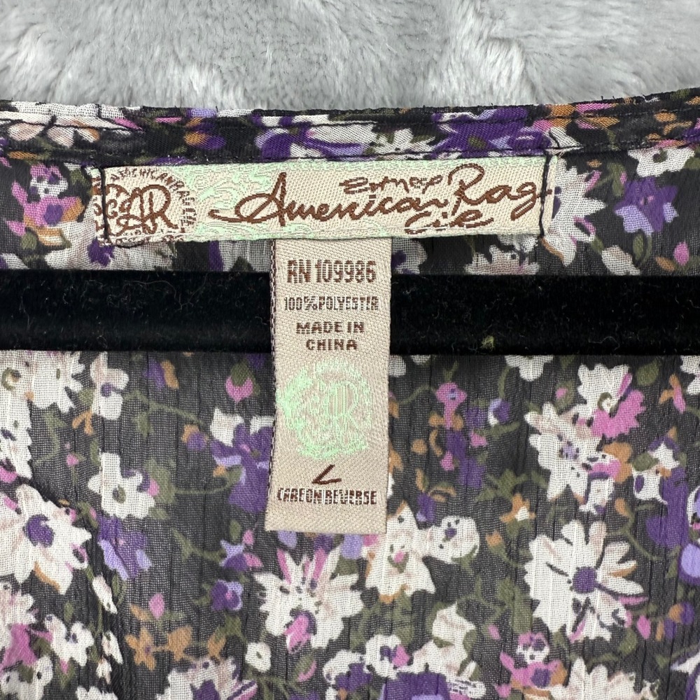 American Rag Floral Smocked Blouse Purple White Chiffon Square Neck BOHO Large - Picture 3 of 14